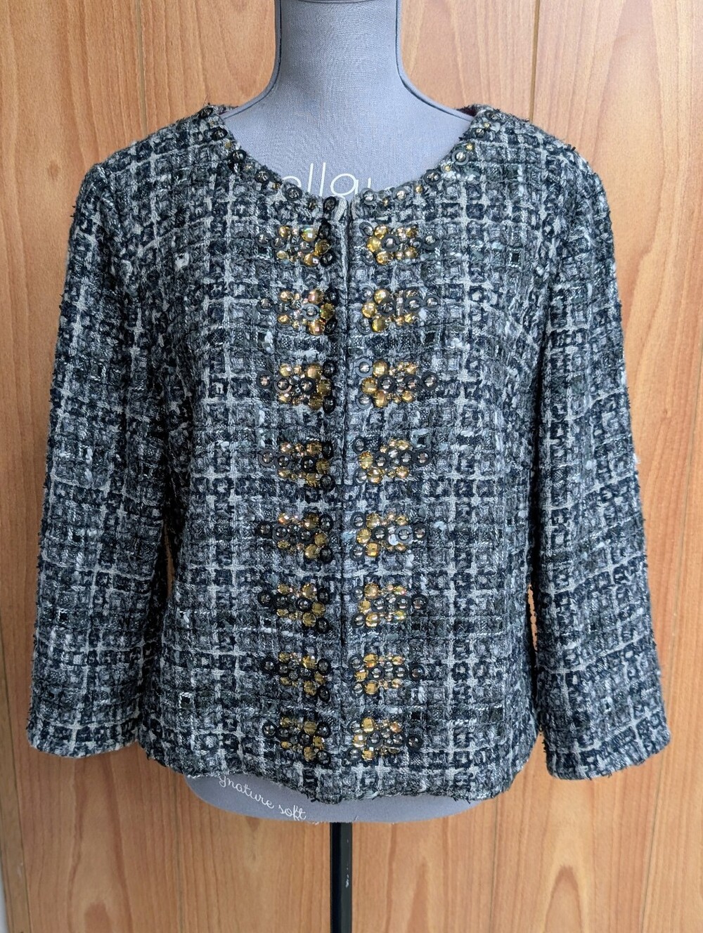 Boden Limited Edition Gray Wool Tweed Embellished Crystal Lady Jacket Size 14
